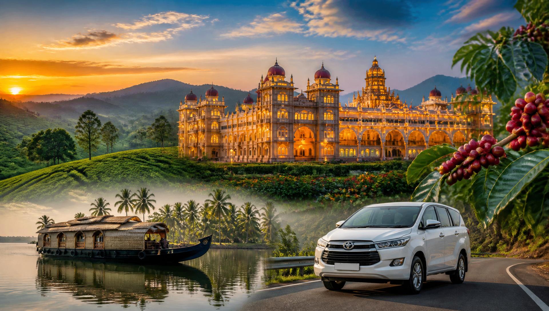 South India travel — Ooty tea gardens, Mysore Palace, Coorg coffee estate, Kerala backwaters, Toyota Innova Crysta